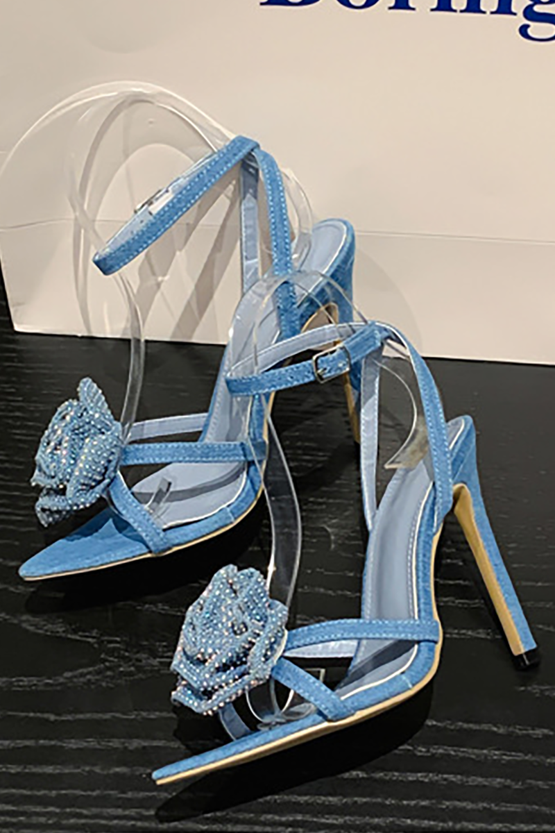 Pointy Peep-Toe 3D Flower Decor Ankle Strap Stiletto Heels-Black