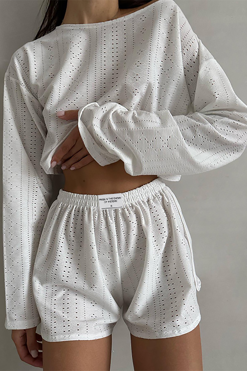 Solid Color Hollow Out Long Sleeve Crop Top Casual Shorts Matching Set-White