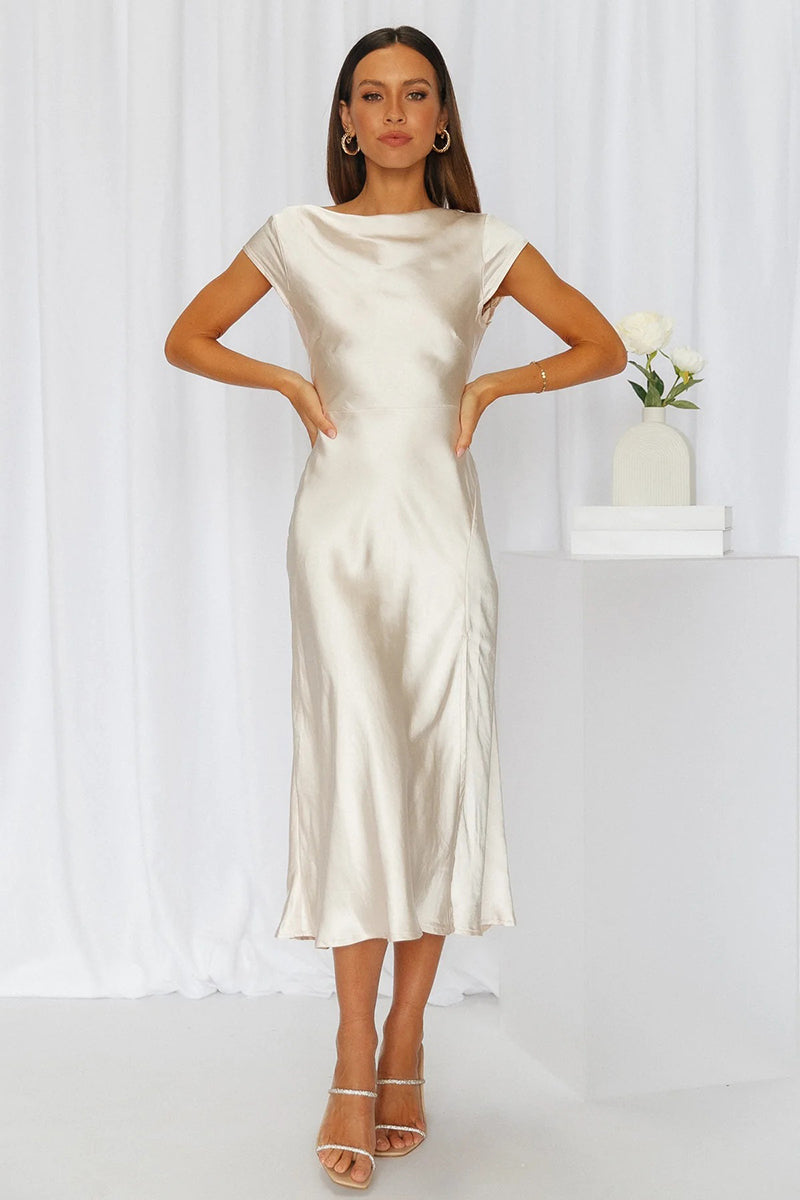 Satin Boat Neck Short Sleeve Backless Twisted Slit Flowy Bridesmaid Midi Dress