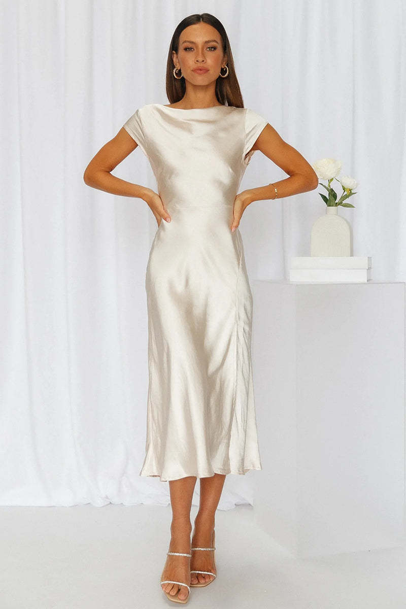 Satin Boat Neck Short Sleeve Backless Twisted Slit Flowy Bridesmaid Midi Dress