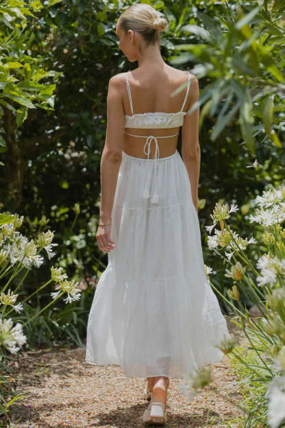 Tied Up Backless Ruched Tiered Pleated Slip Maxi Dress