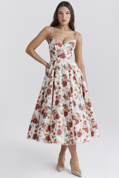 Floral Print Corset Spaghetti Strap Midi Dresses-White