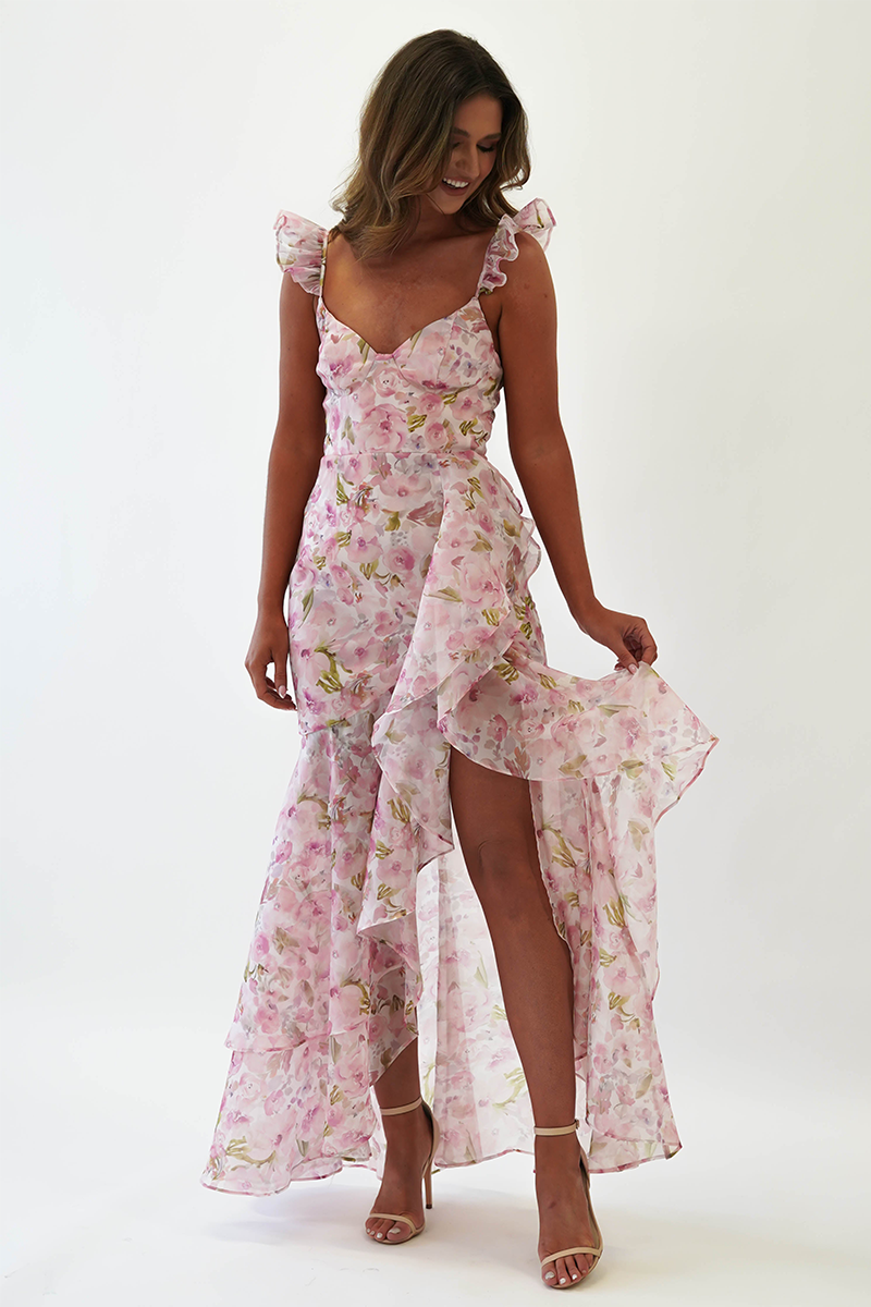 Floral Print Cami Asymmetrical Ruffled Slit Maxi Dresses-Pink