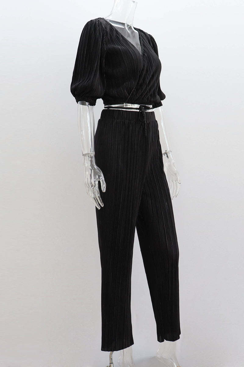 Haif Puffy Sleeve V Neck Tied Up Crop Top Straight Leg Pants Pleated Slim Matching Sets