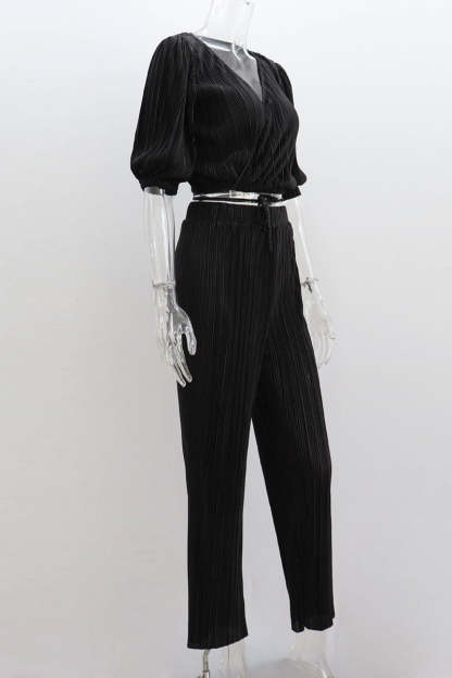 Haif Puffy Sleeve V Neck Tied Up Crop Top Straight Leg Pants Pleated Slim Matching Sets