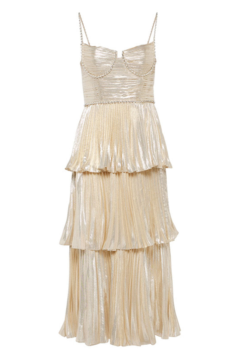 Diamante Straps Pleated Layered Party Satin Midi Slip Dresses-Champagne