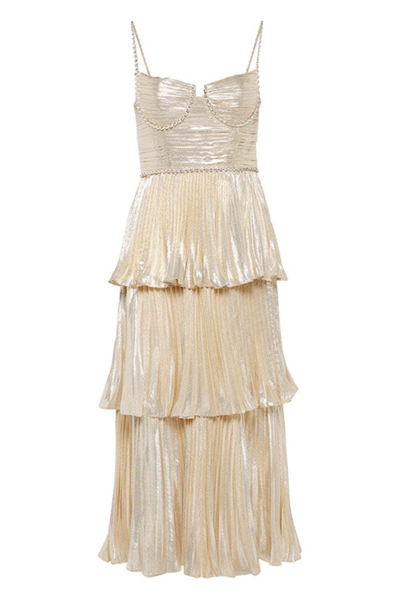 Diamante Straps Pleated Layered Party Satin Midi Slip Dresses-Champagne