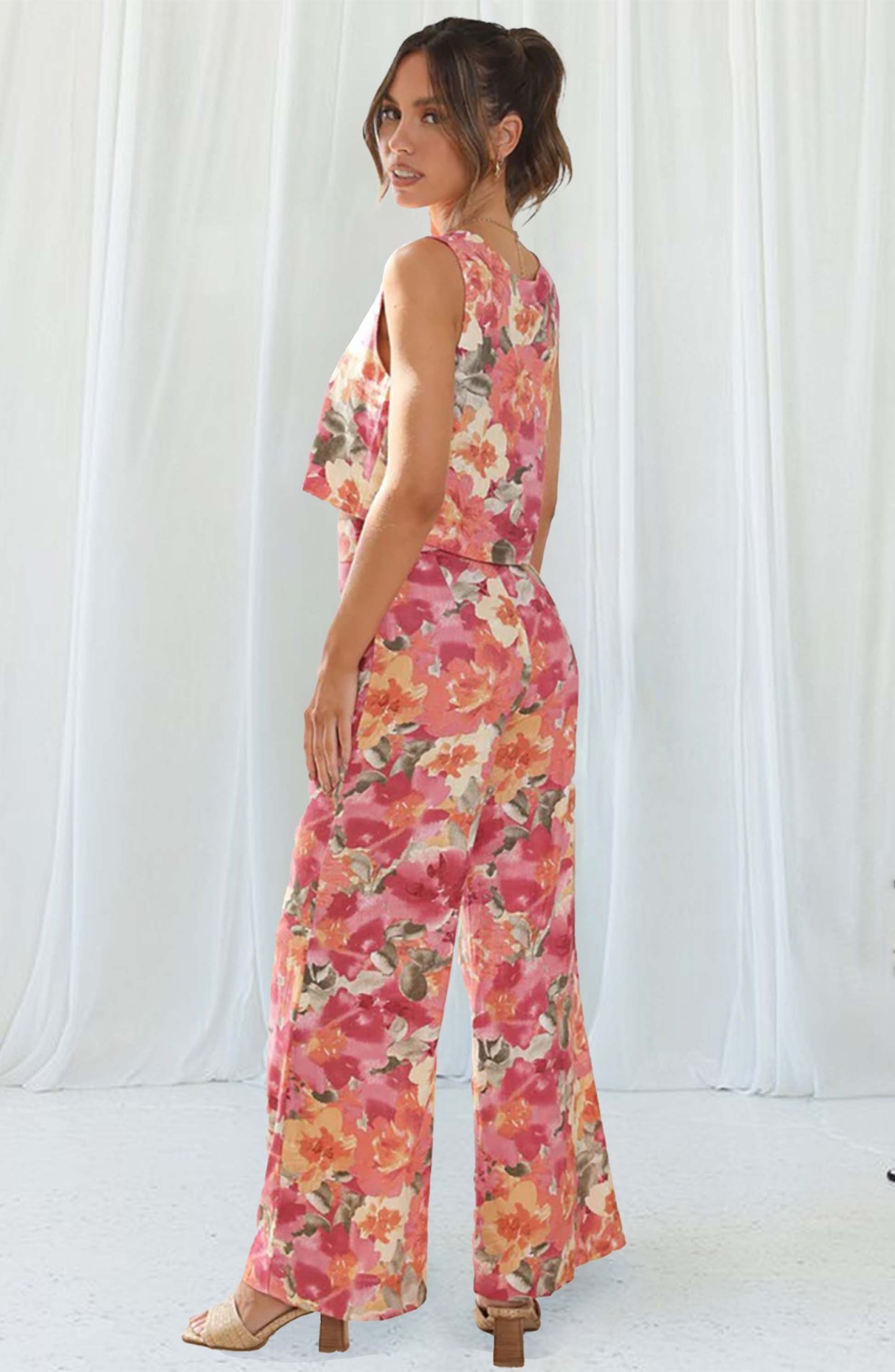 Square Neck Straps Crop Top Wide Leg Pants Floral Print Matching Sets
