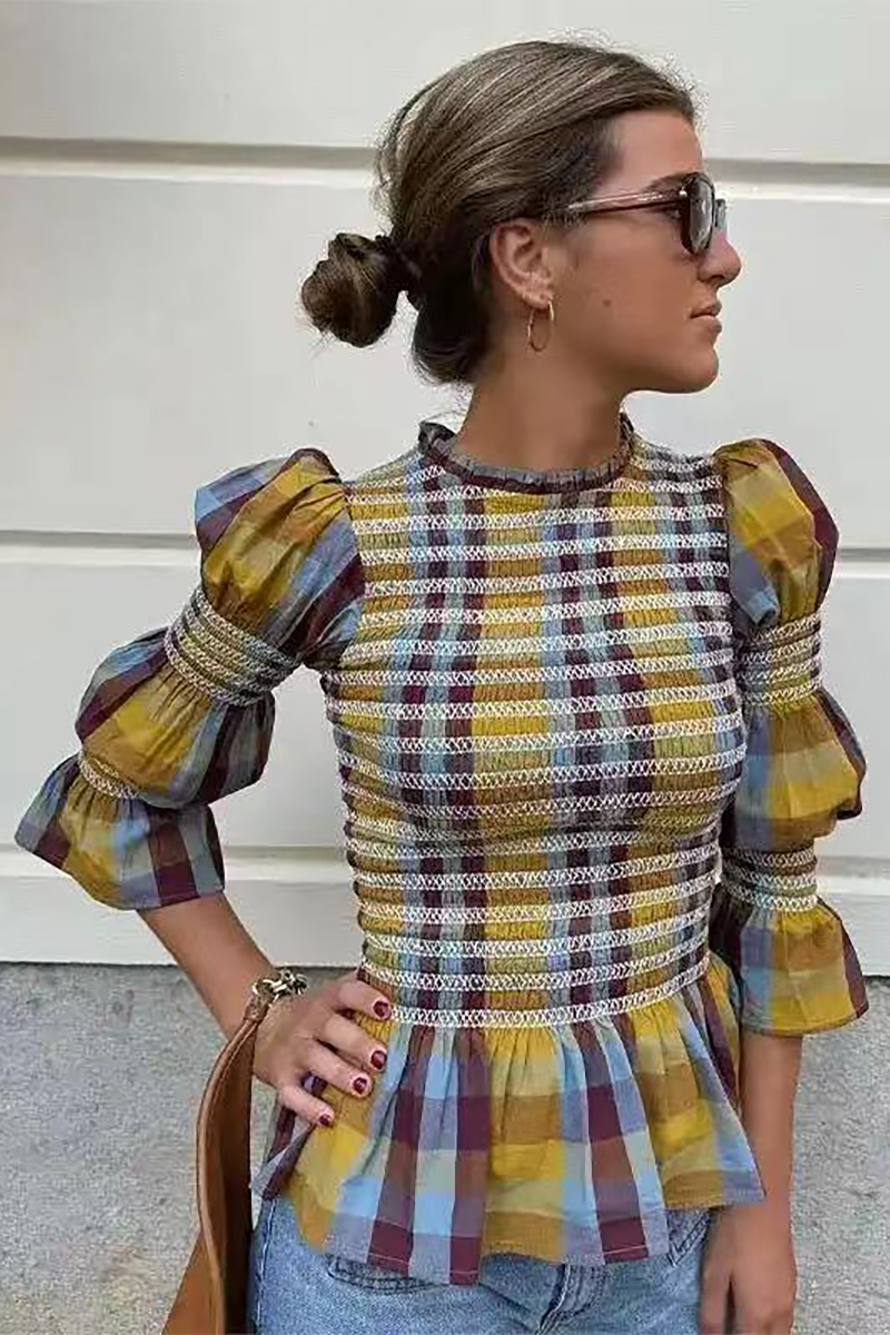 Plaid Pattern Tiered Puff Sleeve Cinch Waist Top-Yellow