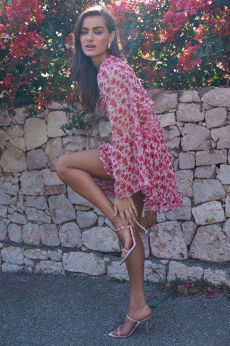 Flare Sleeve Irregular Neck Floral Curved Hem Mini Dresses-Red