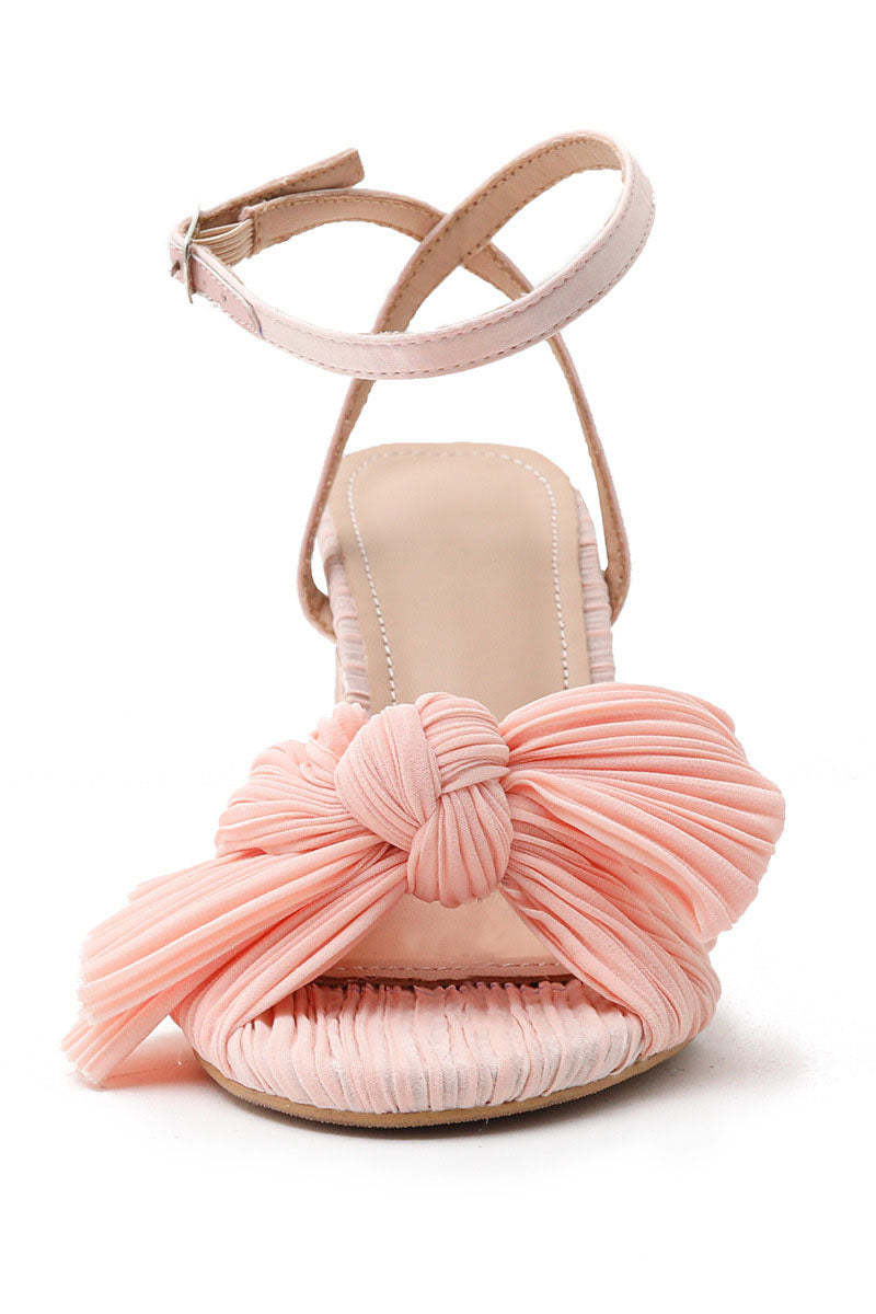 Pleated Bow Ankle Strap Chunky High Heel Sandals
