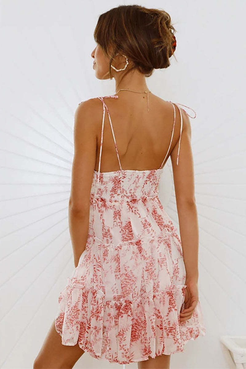 Floral Print Tied Up Cami Boat Neck Tiered Ruffle Backless Flowy Vacation Mini Dresses