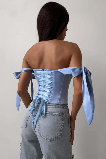 Off Shoulder Ribbon Decor Asymmetric Hem Party Plain Corset Top-Blue