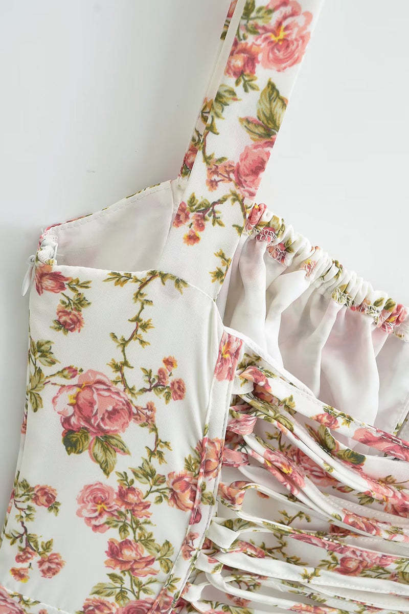 Tied Up Lace Up Floral Print Slit A-Line Vacation Slip Midi Dress