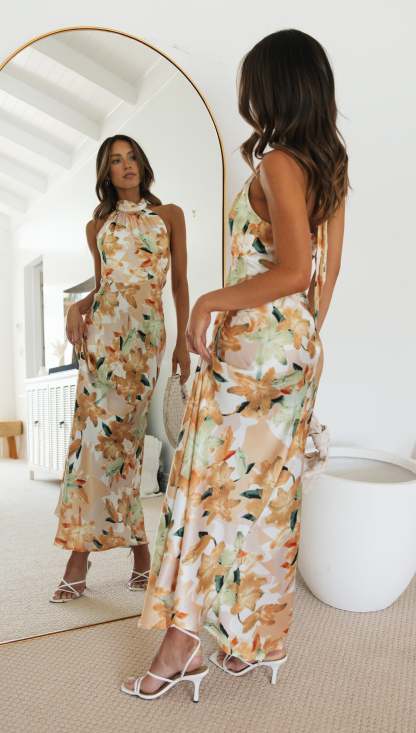Floral Print Halter Backless Flowy Vacation Maxi Dresses