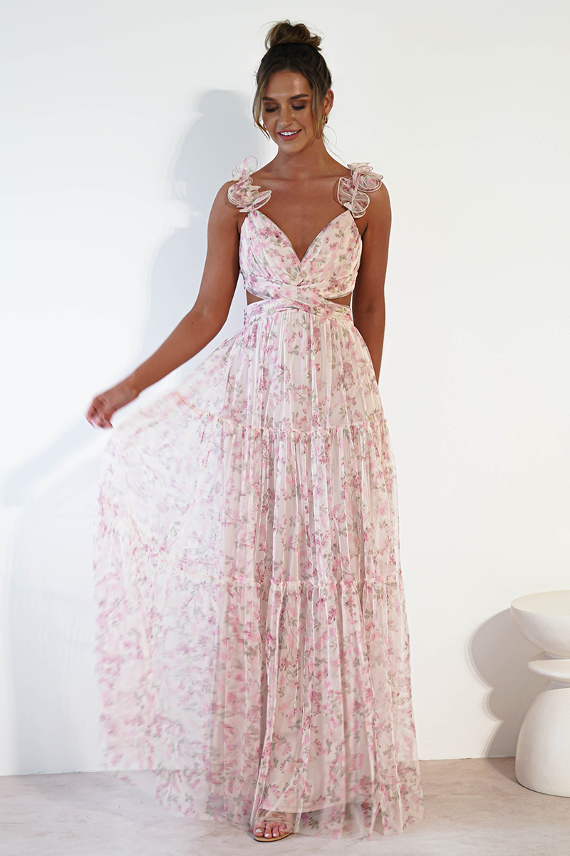 Ditsy Floral Print Frill Straps Backless Tulle Gowns Maxi Dresses-Pink