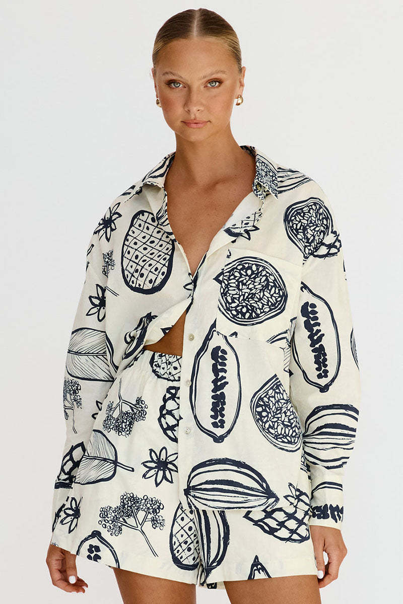 Floral Fruit Print Long Sleeve Shirt Casual Short Two Piece Set