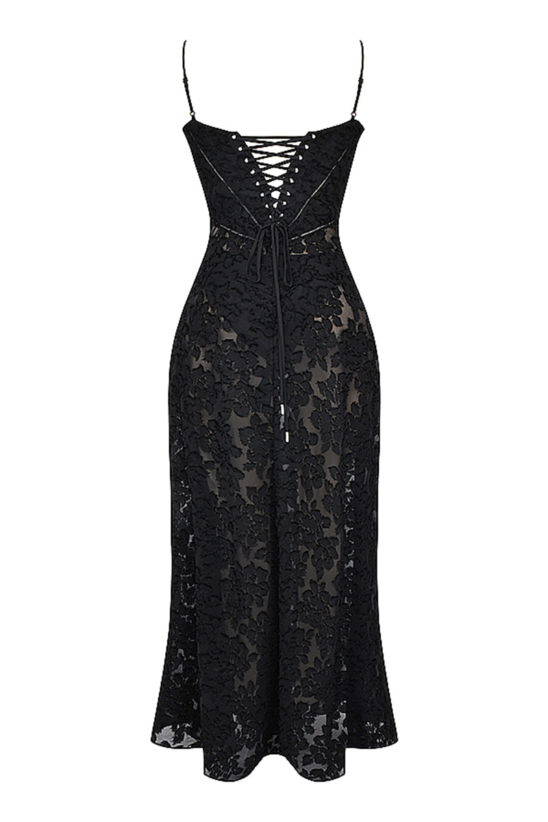 Floral Jacquard Lace Gothic Party Flowy Slip Maxi Dresses-Black