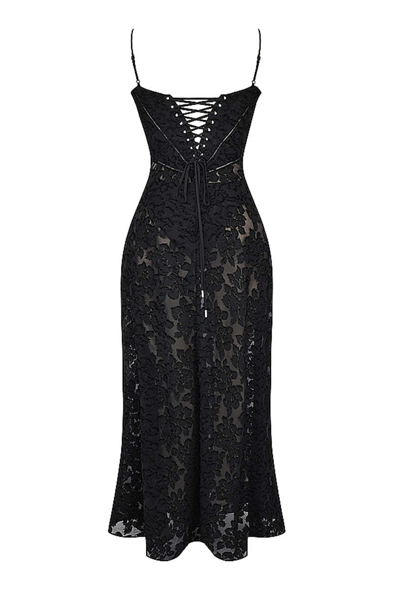 Floral Jacquard Lace Gothic Party Flowy Slip Maxi Dresses-Black