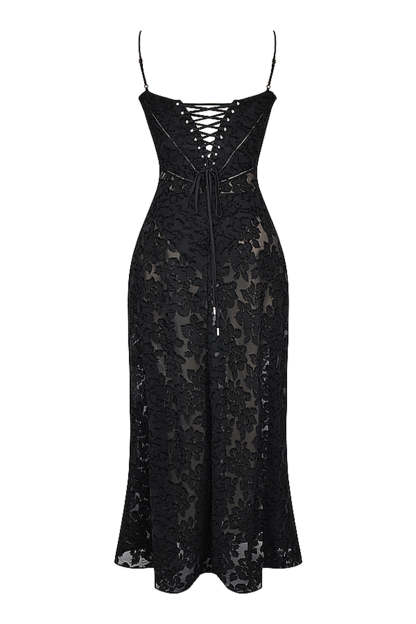 Floral Jacquard Lace Gothic Party Flowy Slip Maxi Dresses-Black