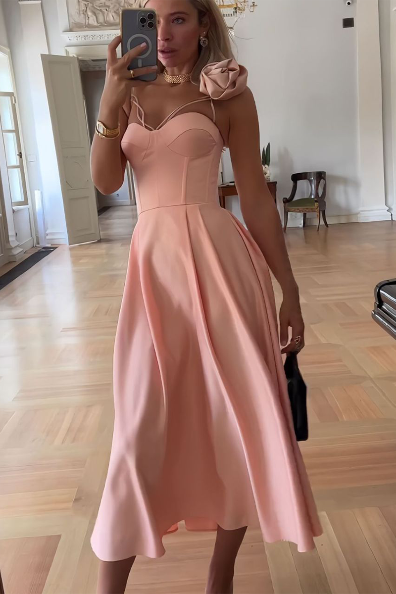 3D Flower Decor Corset A-Line Cutout Gowns Midi Slip Dresses-Blue