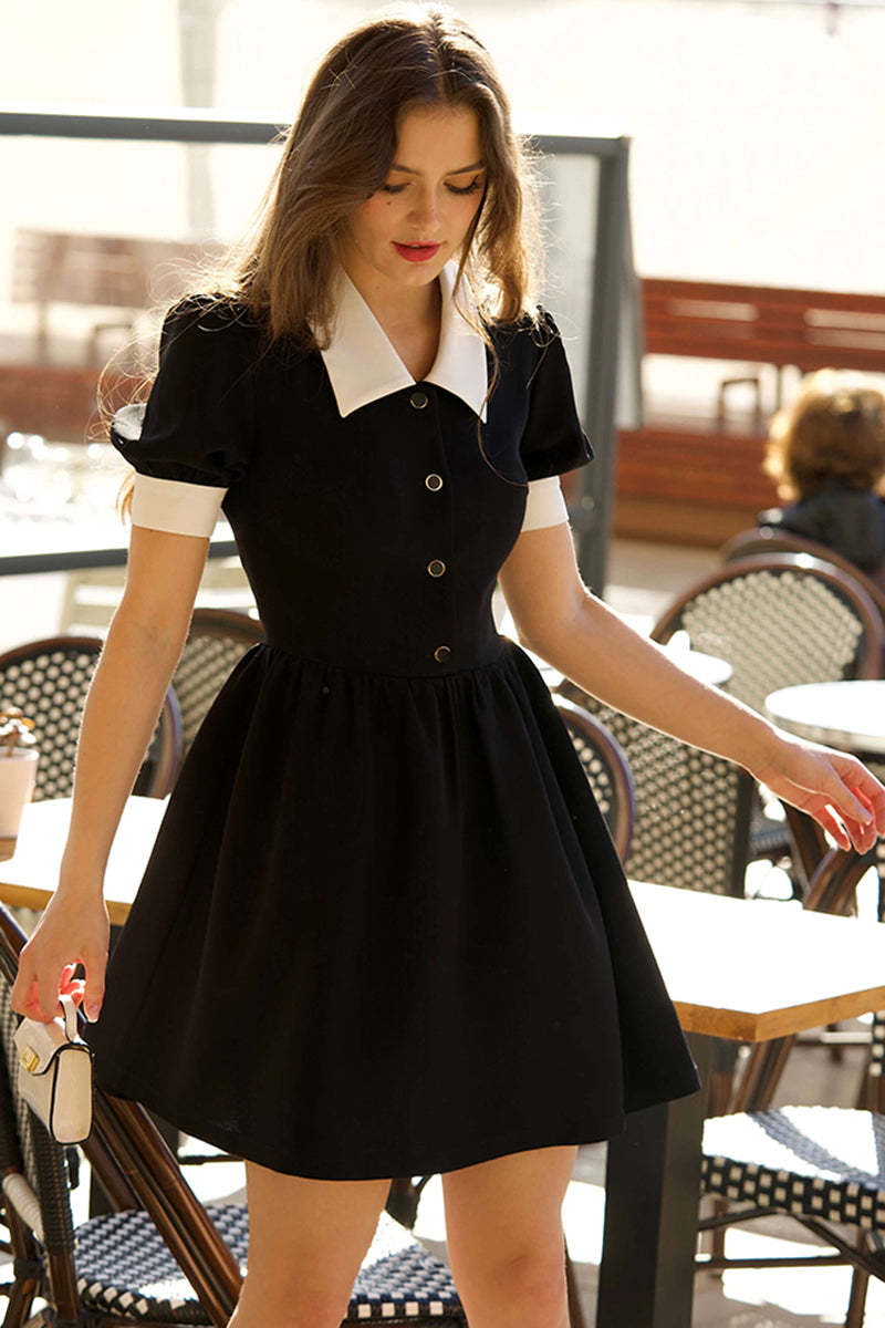 Contrast Color Turndown Collar Button A-Line Mini Dresses-Black