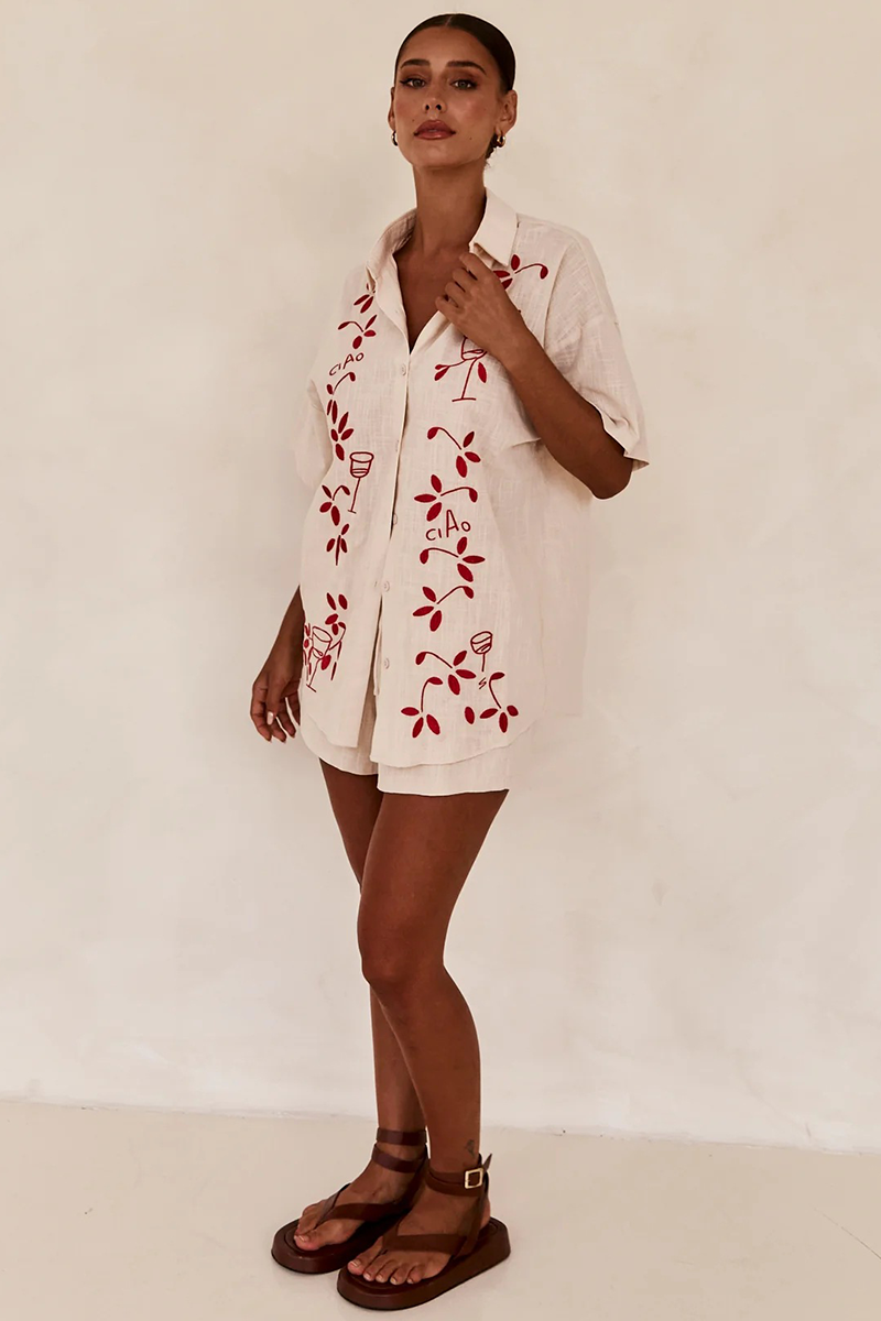 Floral Embroidery Short Sleeve Blouse Elastic Waist Shorts Matching Set-Blue