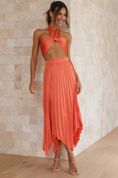 Halter Bow Sleeveless Top Pleated Irregular Hem Midi Skirt Vacation Matching Set
