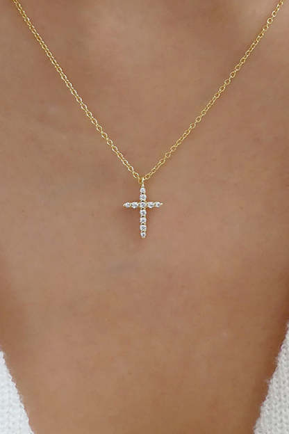 Rhinestone Cross Pendant Alloy Necklace-Gold