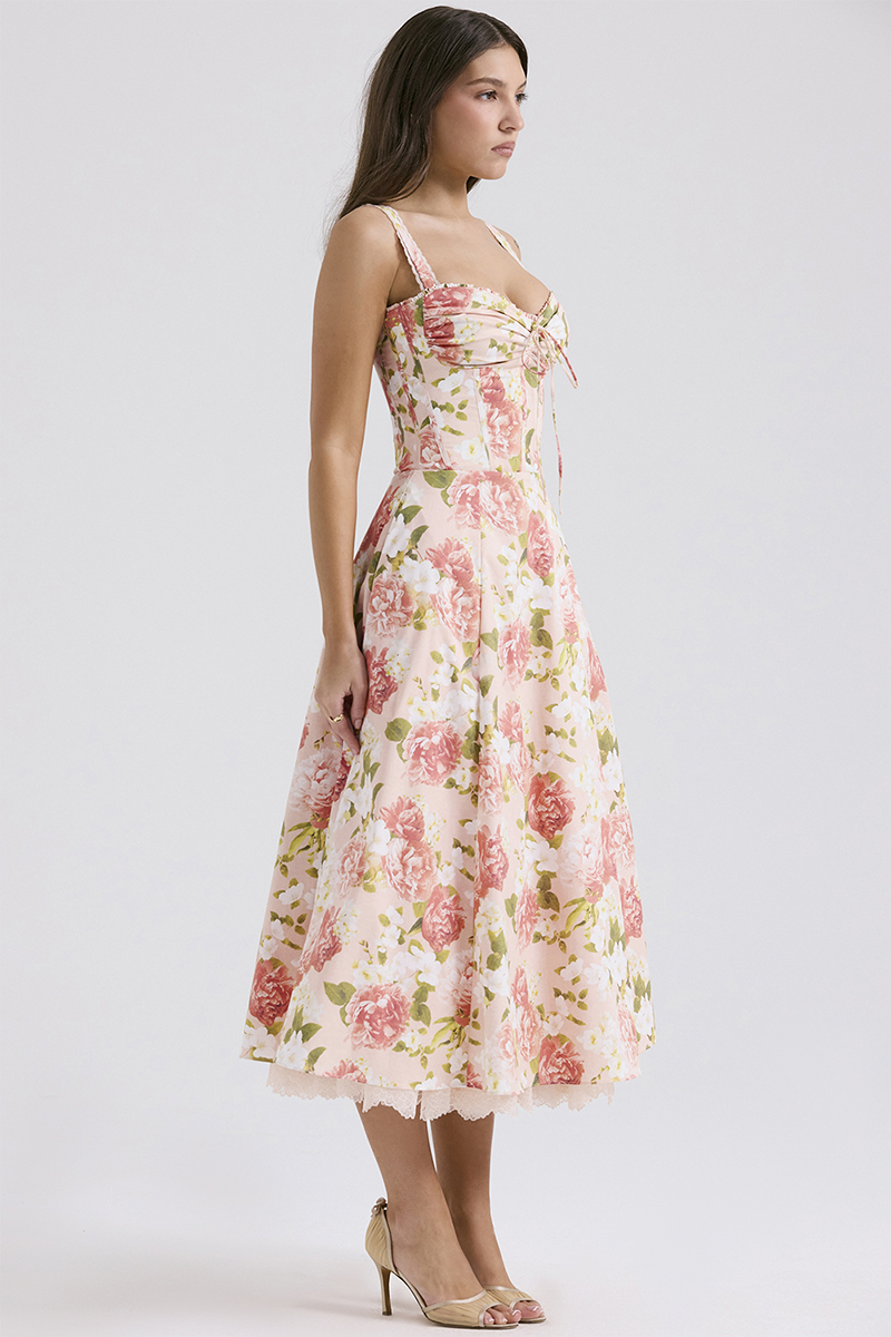 Floral Print Front Tie Up Corset A-Line Garden Party Slip Midi Dresses-Pink