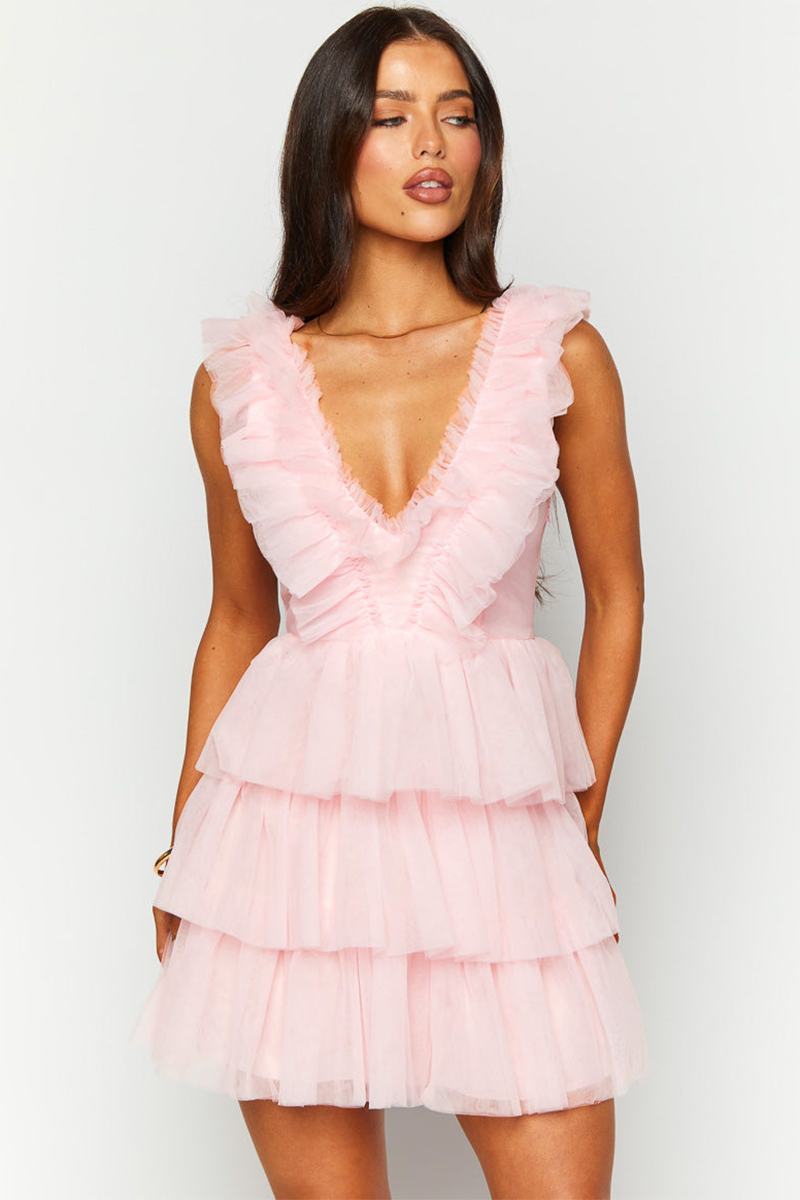 Ruffled Deep V Neck Tiered Hem Sleeveless Mini Dresses-Pink