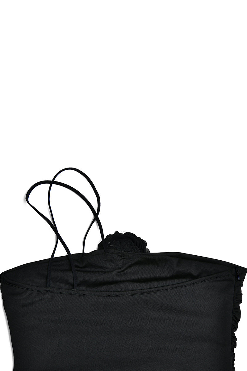 Cami 3D Flower Decor Ruched Backless One Shoulder Bodycon Wedding Guest Maxi Dresses