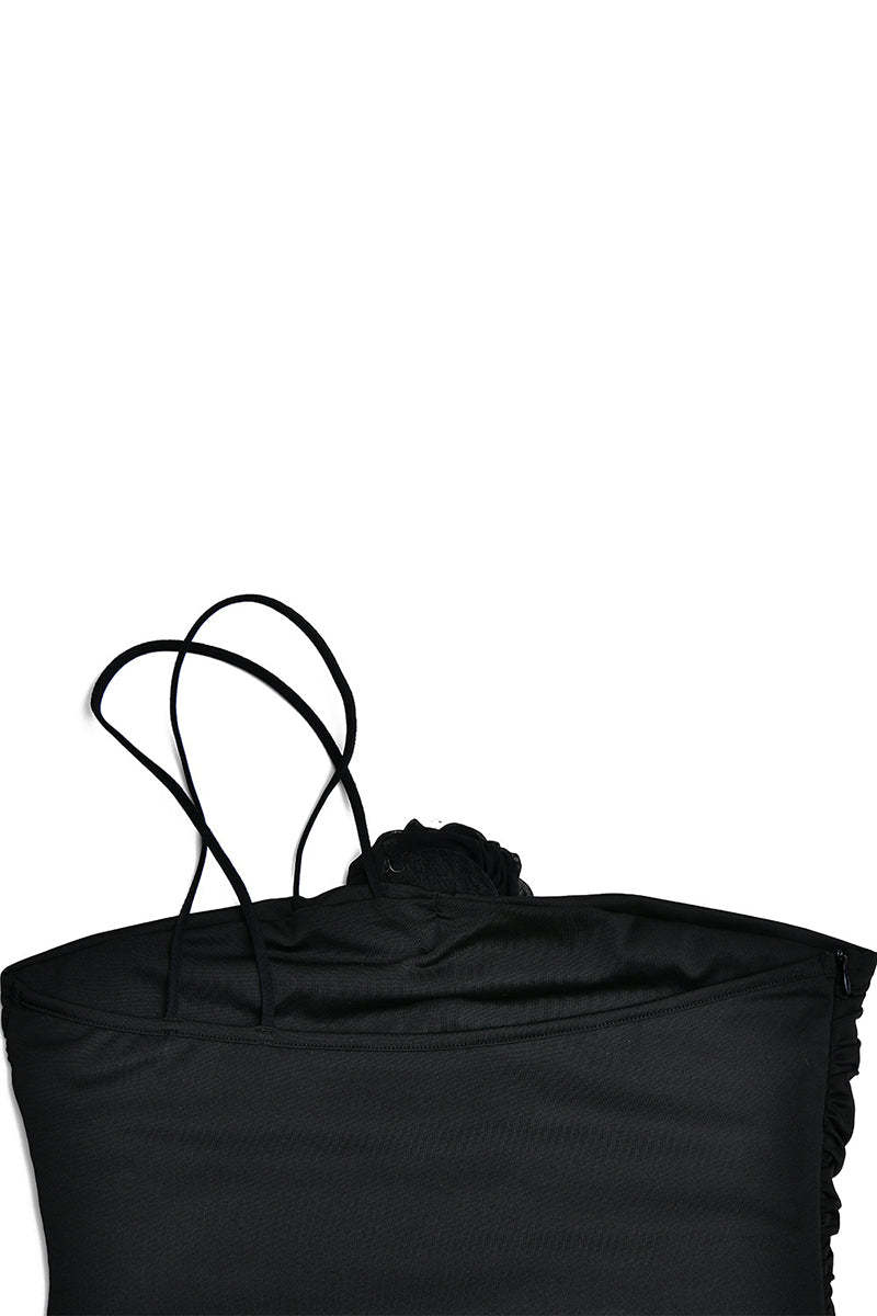 Cami 3D Flower Decor Ruched Backless One Shoulder Bodycon Wedding Guest Maxi Dresses