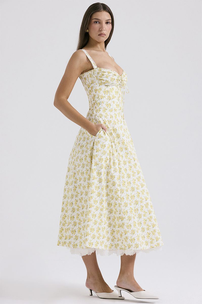 Ditsy Floral Print Cinch Waist Wide Strap Lace Trim Double-Layered Midi Dresses-Yellow