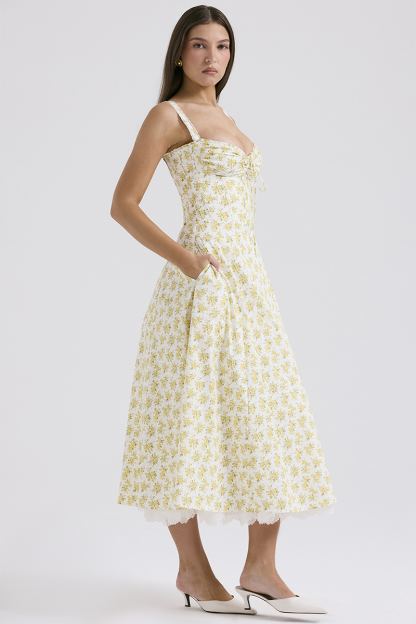 Ditsy Floral Print Cinch Waist Wide Strap Lace Trim Double-Layered Midi Dresses-Yellow