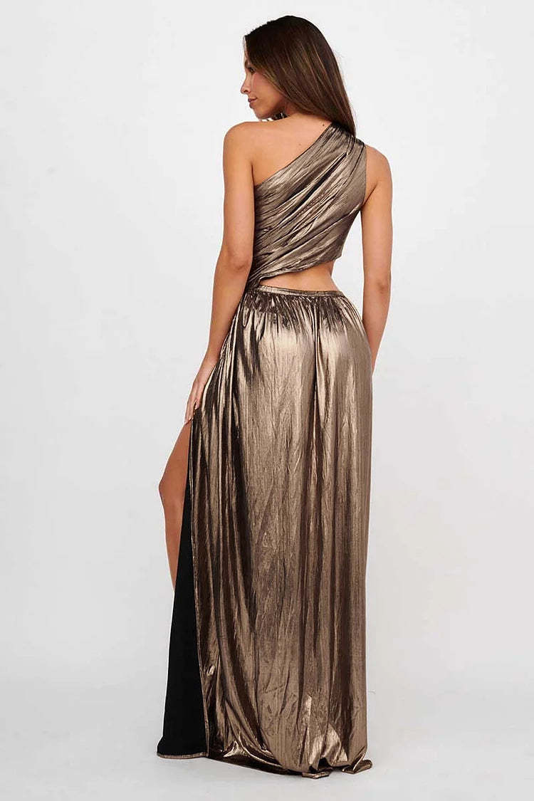 Sheen Metallic Finish One Shoulder Cut Out High Slit Formal Party Maxi Dresses