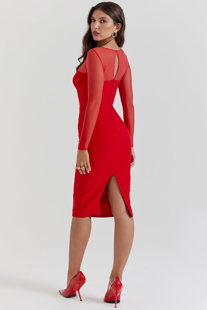 Mesh Patchwork Long Sleeve Irregular Corset Bodycon Midi Dresses-Red