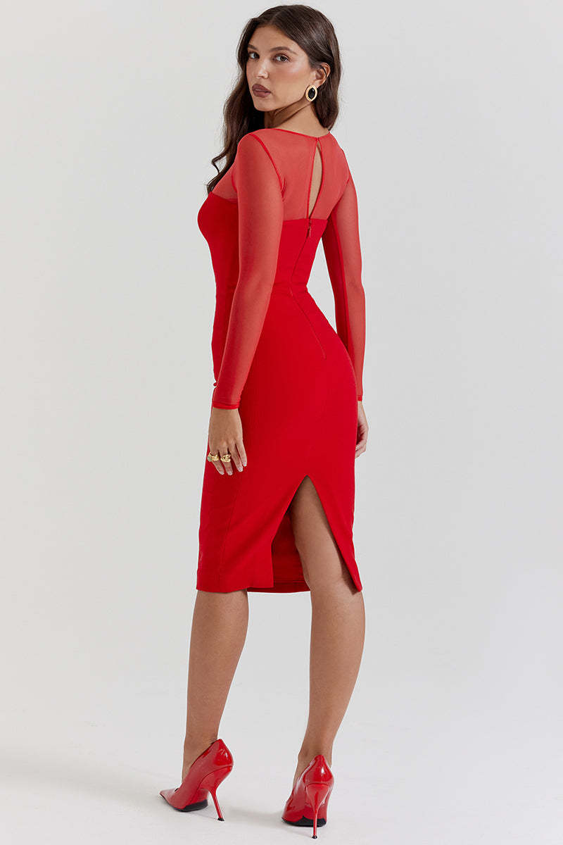 Mesh Patchwork Long Sleeve Irregular Corset Bodycon Midi Dresses-Red