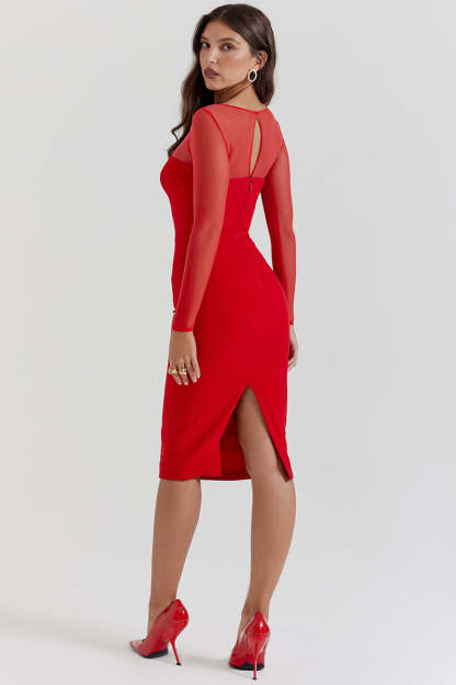 Mesh Patchwork Long Sleeve Irregular Corset Bodycon Midi Dresses-Red