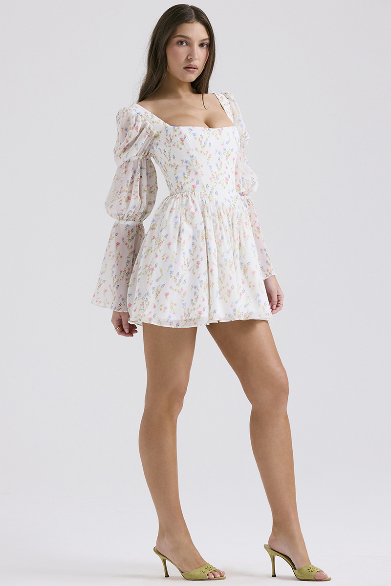 Square Neck Tiered Puff Sleeve Corset Ditsy Floral Print A-Line Mini Dresses-White