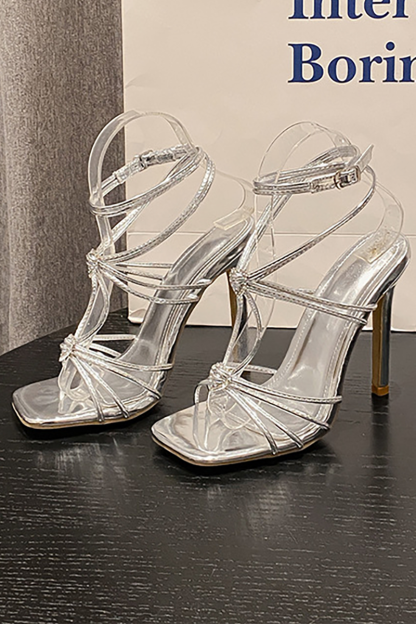 Square Peep-Toe Symmetrical Strap Glossy Metallic High-Heeled Sandal-Gold
