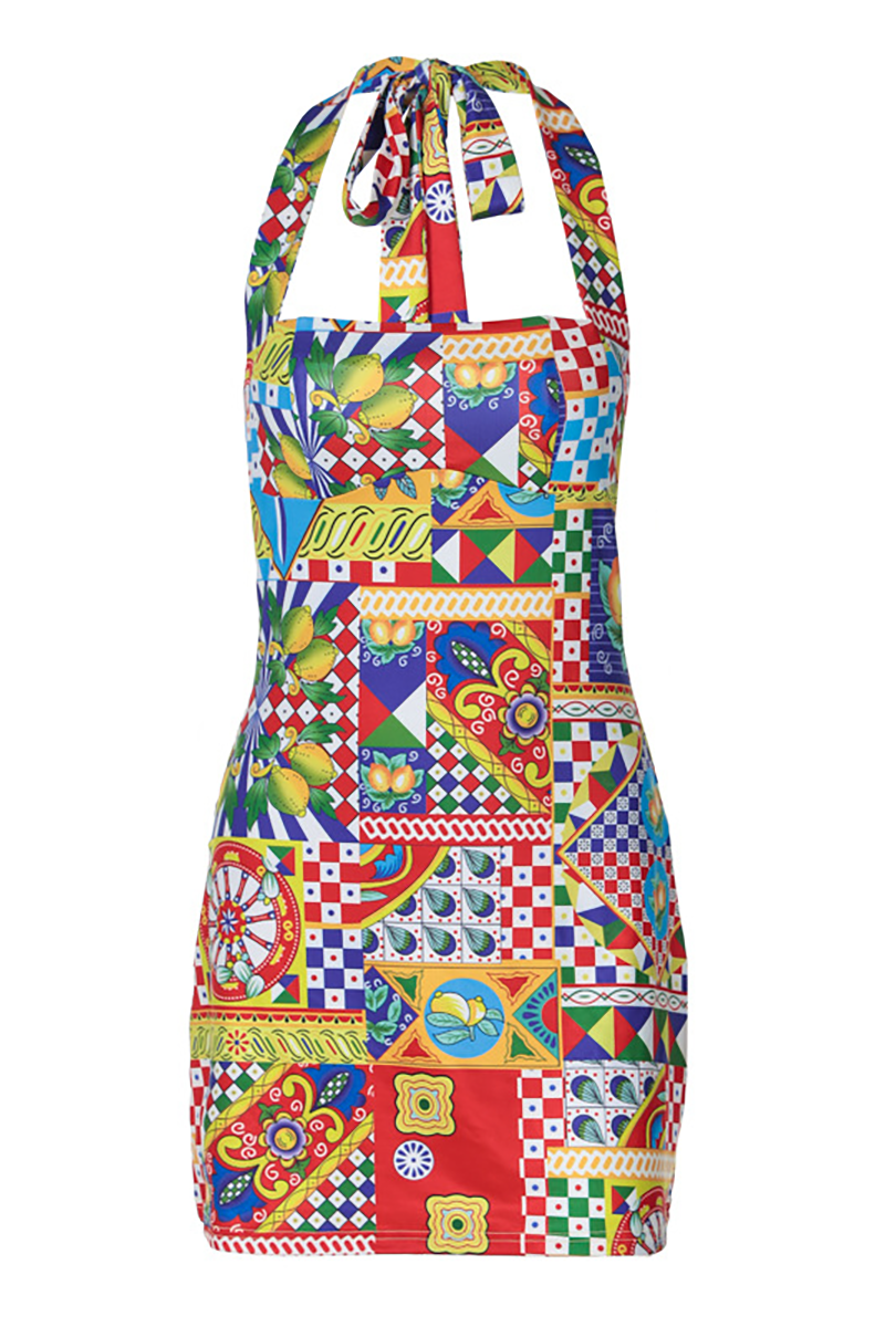 Mixed Prints Sleeveless Slim Fit Halter Mini Dresses-Yellow