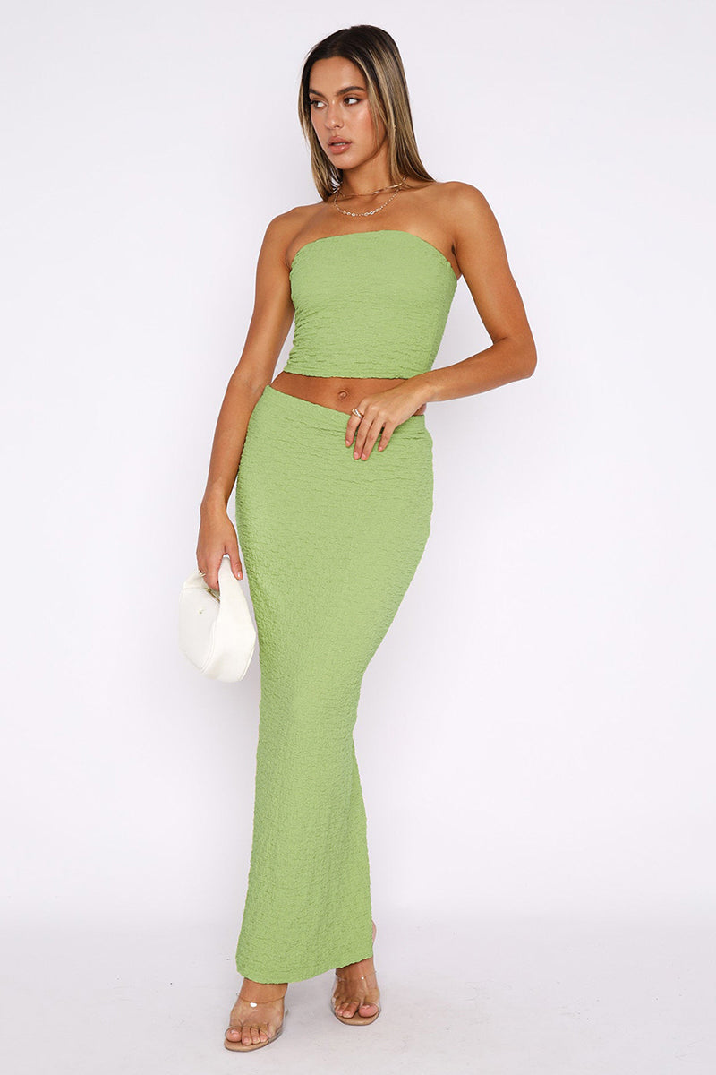 Textured Crop Tube Top Split Bodycon Maxi Skirt Matching Set-White