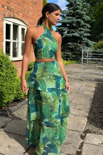 Leaf Print Halter Crop Top Layered Maxi Skirt 2pcs Set-Green