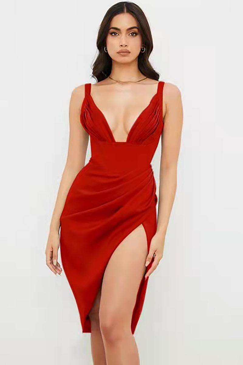 Deep V Ruched Split Prom Mini Dress