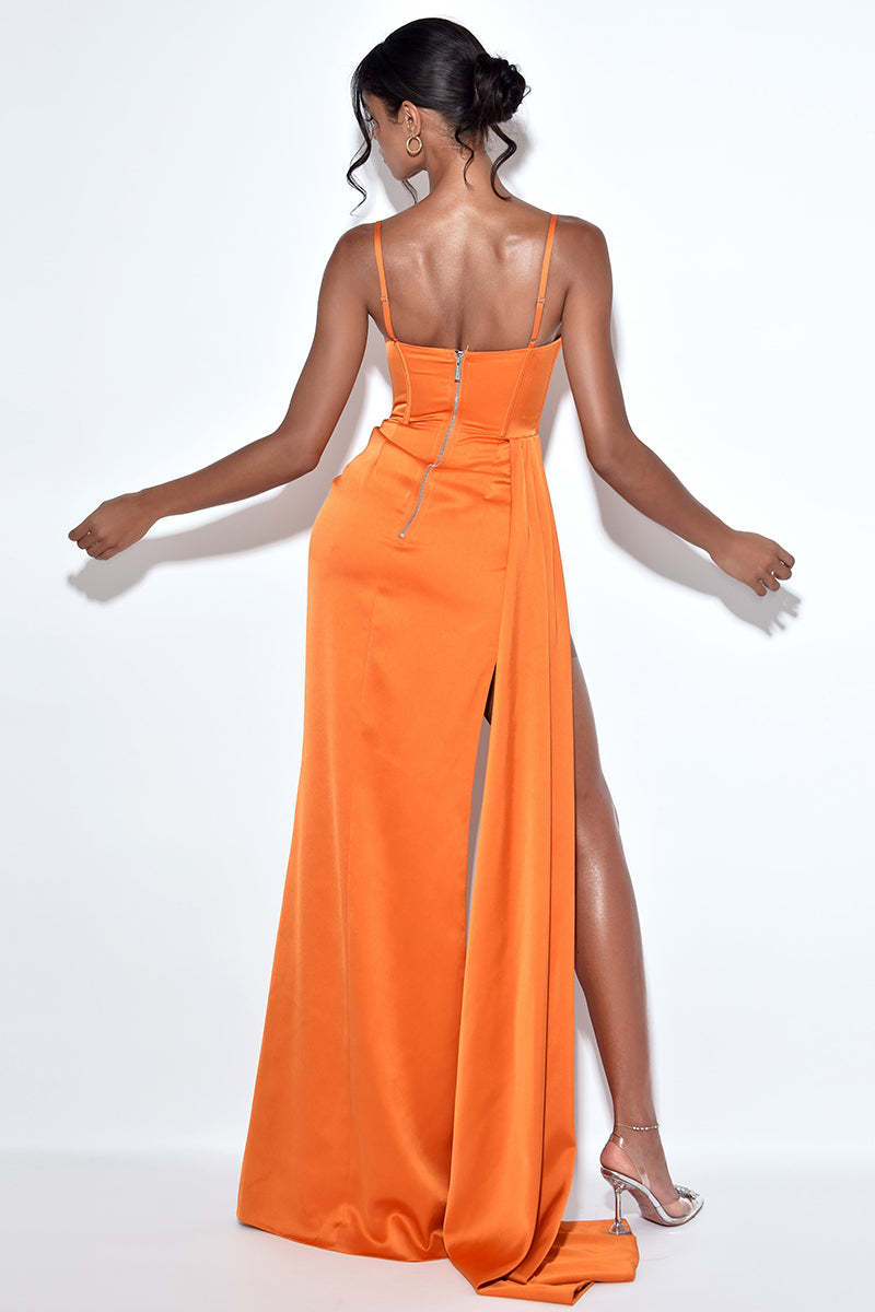 High Slit Irregular Neckline Satin Gown Slip Maxi Dresses