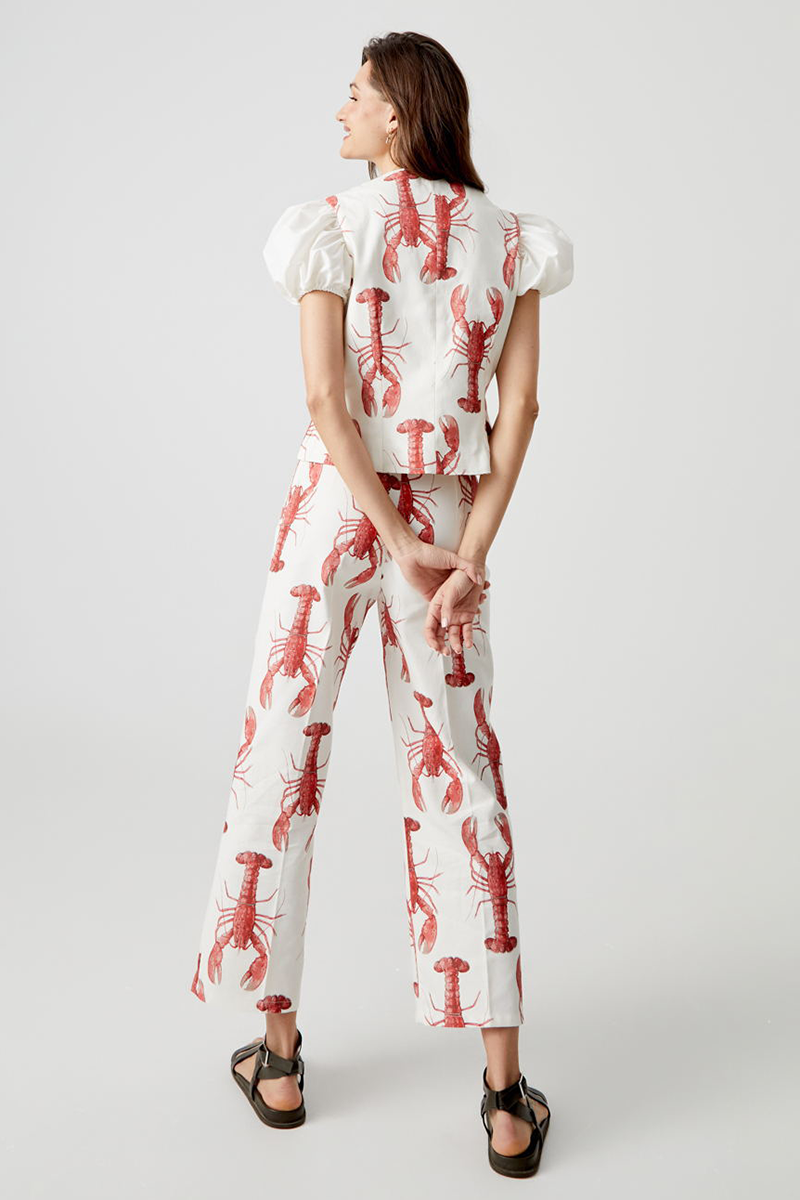 Lobster Print Puff Sleeve Tie Up Top Straight Leg Pants Matching Set-White
