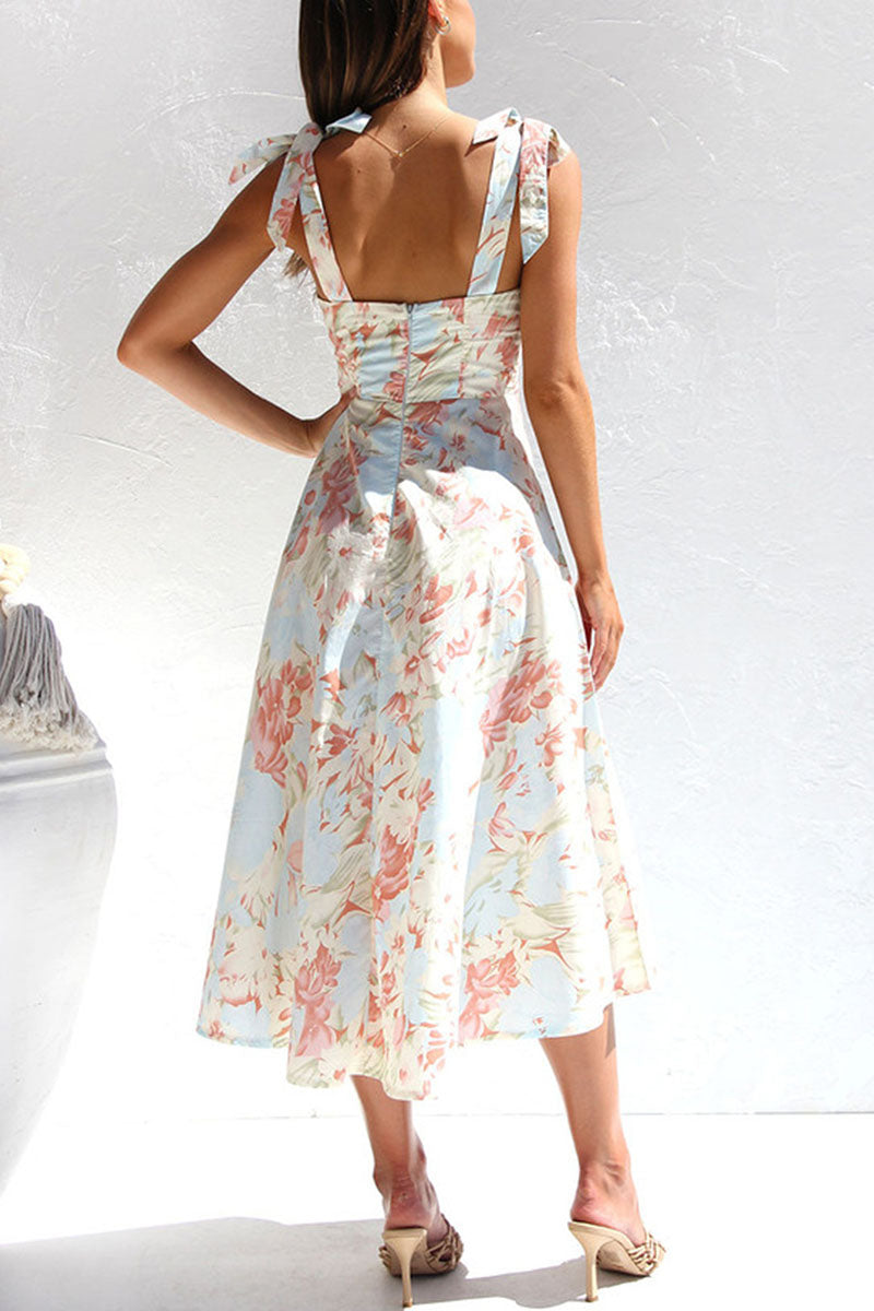 Print Tied Strap Sleeveless Vacation A-Line Midi Dresses