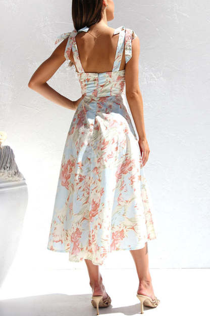 Print Tied Strap Sleeveless Vacation A-Line Midi Dresses