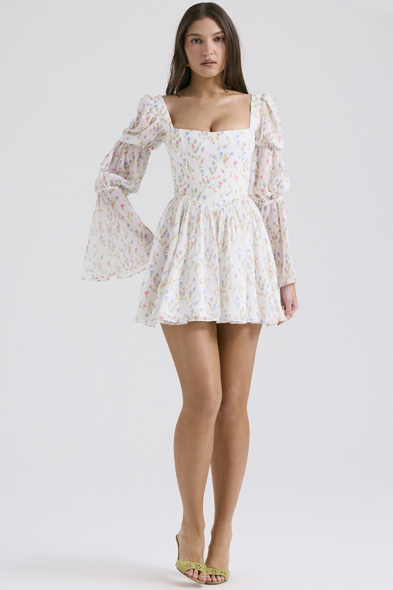 Square Neck Tiered Puff Sleeve Corset Ditsy Floral Print A-Line Mini Dresses-White